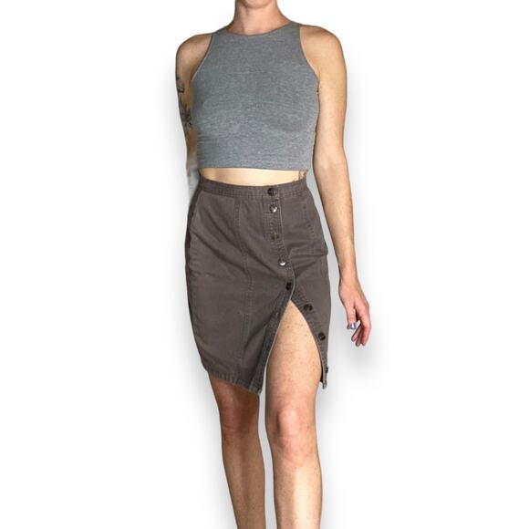 Vintage Light Brown Grey Button Down High Waist Pencil Denim Mini Skirt Size 4 - Picture 2 of 4